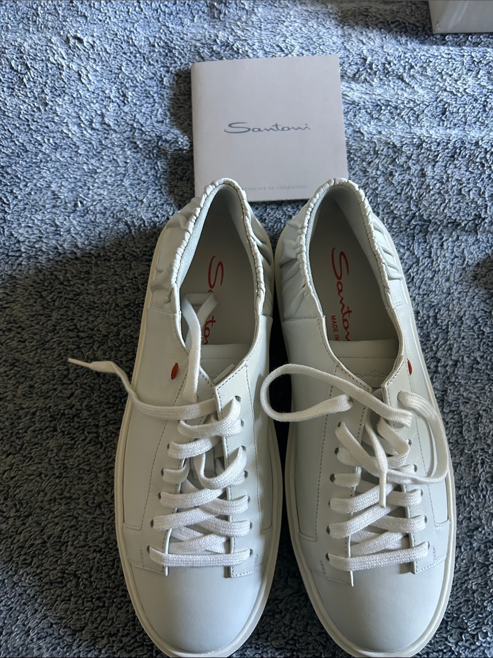 Santoni White Leather Lace-Up Sneakers with Red Logo Detail